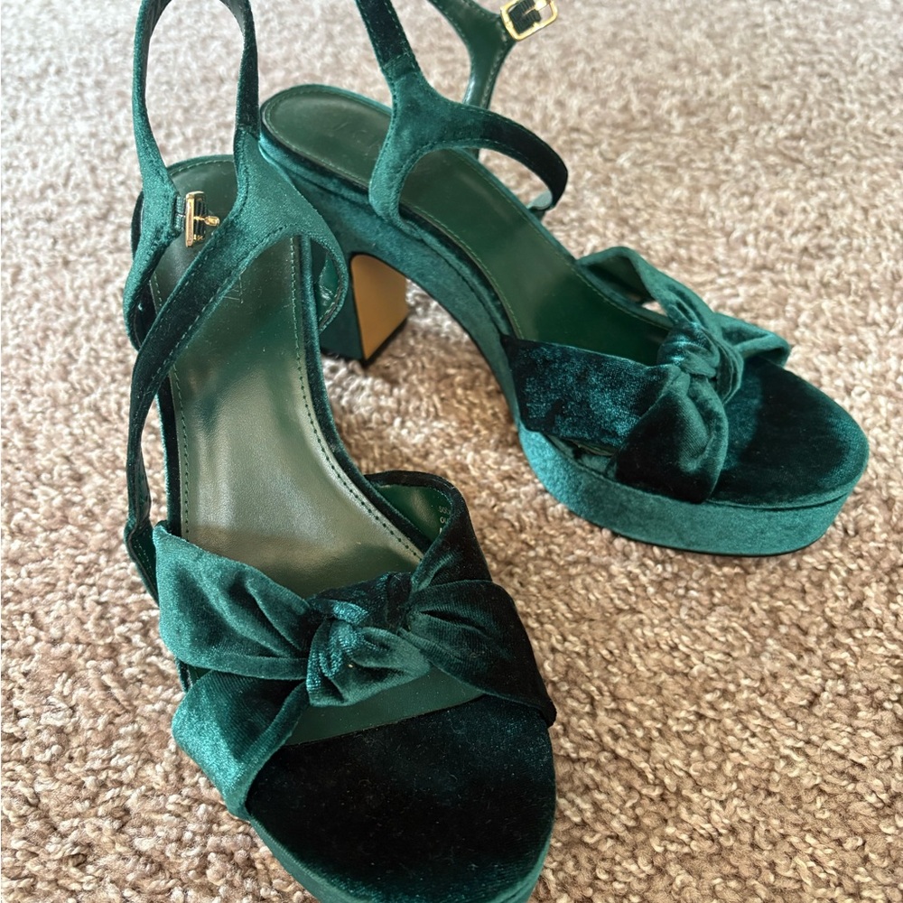 J. Crew Green Velvet Platform Heels with Ankle Strap
